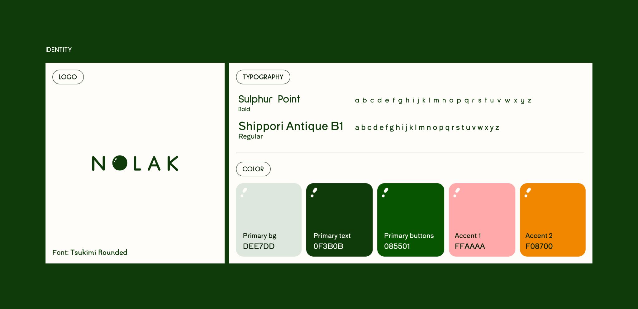 Nolak logo, typography, color palette (green,pink,orange)