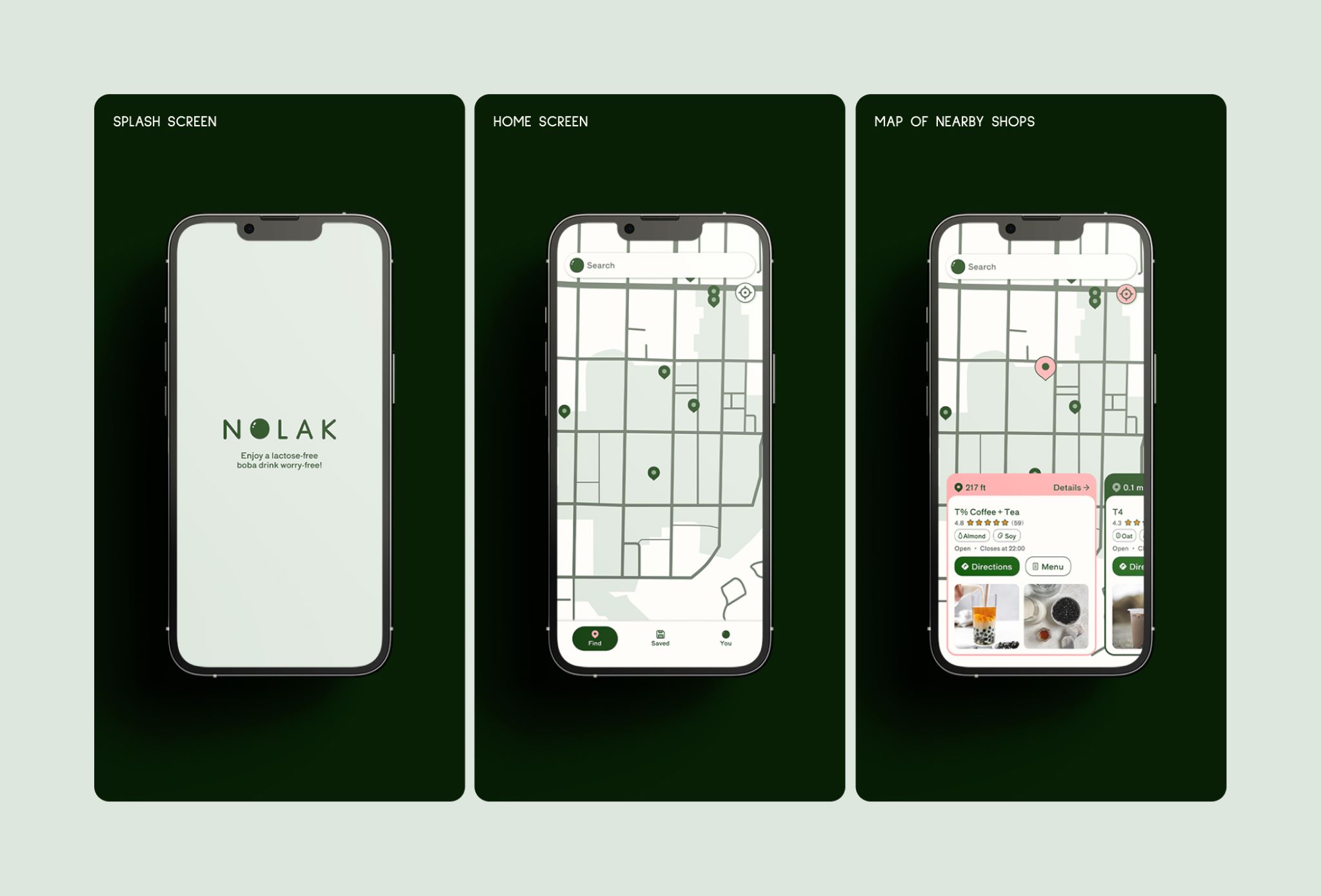 Nolak splash screen, home screen, and exploration of nearby boba shops screen