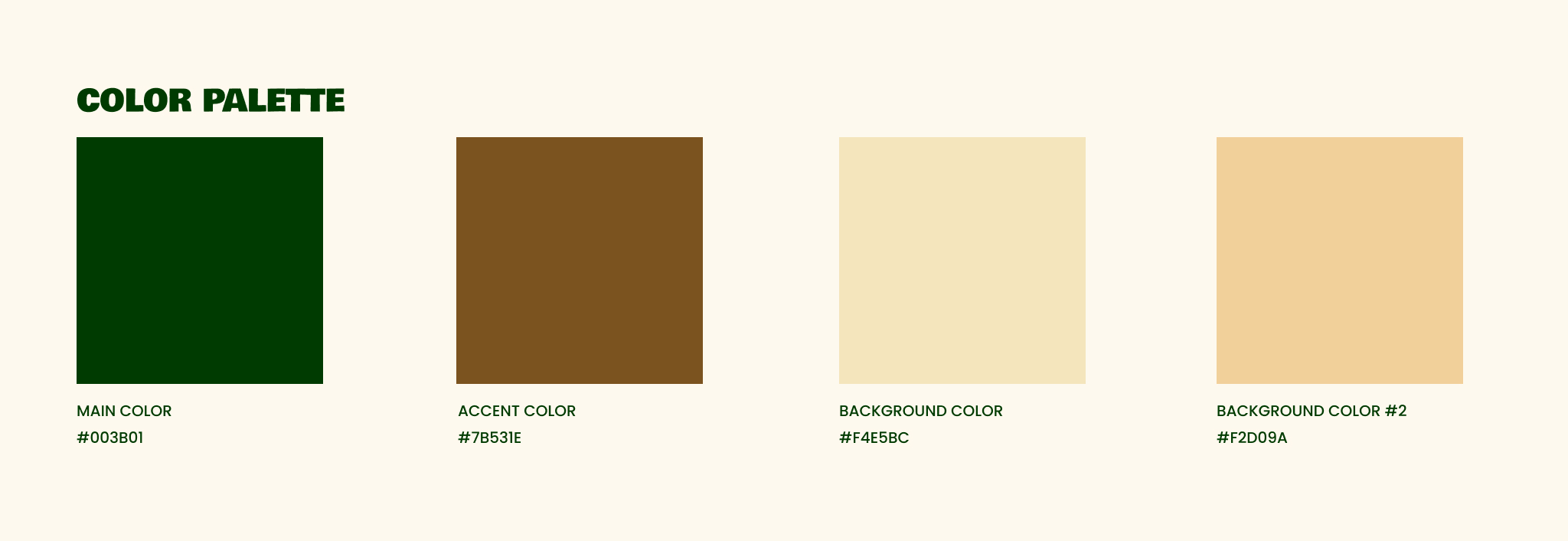 color palette with dark green, brown and, two beiges 