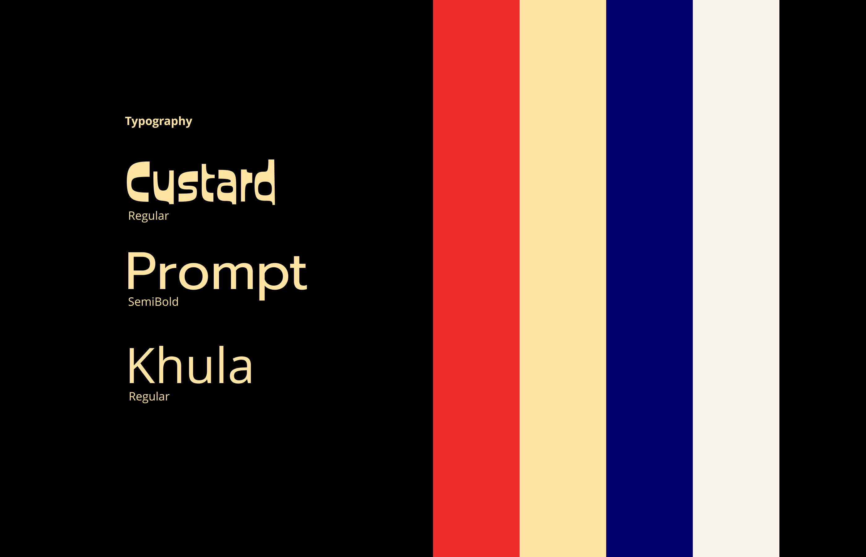 Typography palette: Custard font, Prompt font, Khula font. Colors: bright red, pastel yellow, dark blue, black, and white